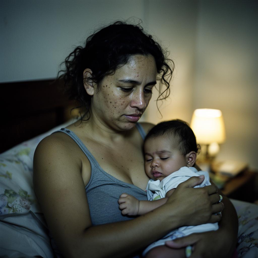 Mãe descansando ao lado de seu bebê em um momento de cansaço acolhedor
