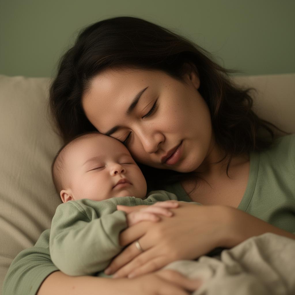Mãe descansando ao lado de seu bebê em um momento de cansaço acolhedor